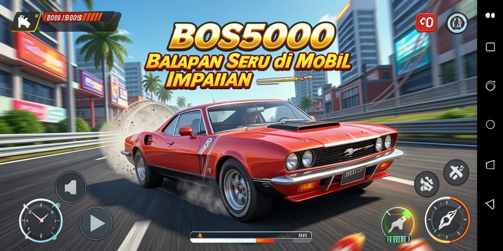 Screenshot gameplay BOS5000 menampilkan aksi balapan seru dan mobil yang diperbaharui.