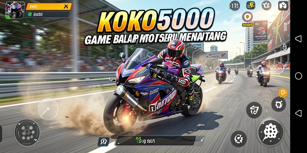 Screenshot KOKO5000 menampilkan aksi balap motor yang mendebarkan.
