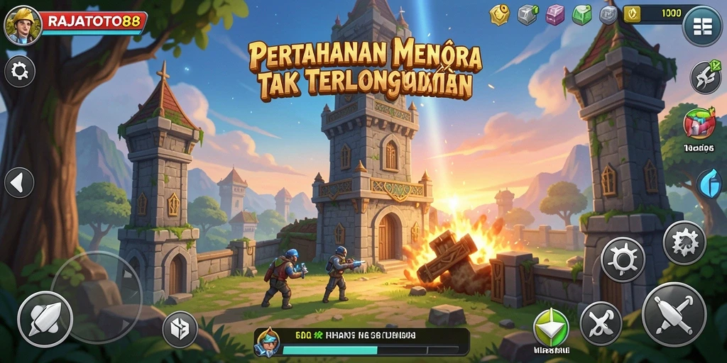 Screenshot utama RAJATOTO88 menampilkan aksi seru pertahanan menara.
